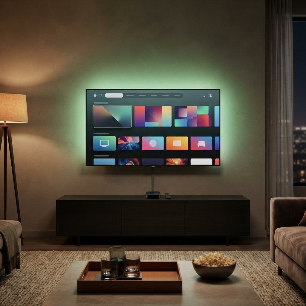 A modern living room at night with a television