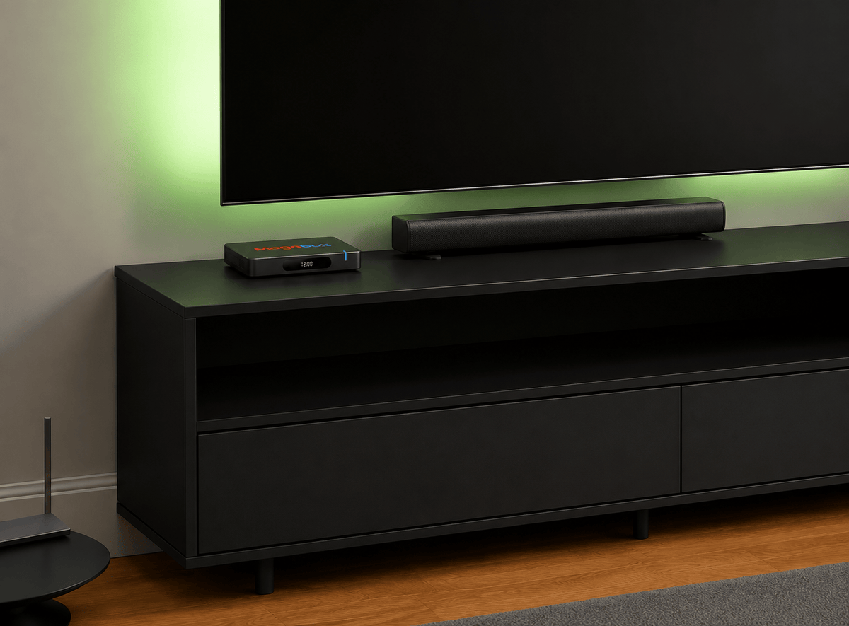 A tidy entertainment console with a router visible