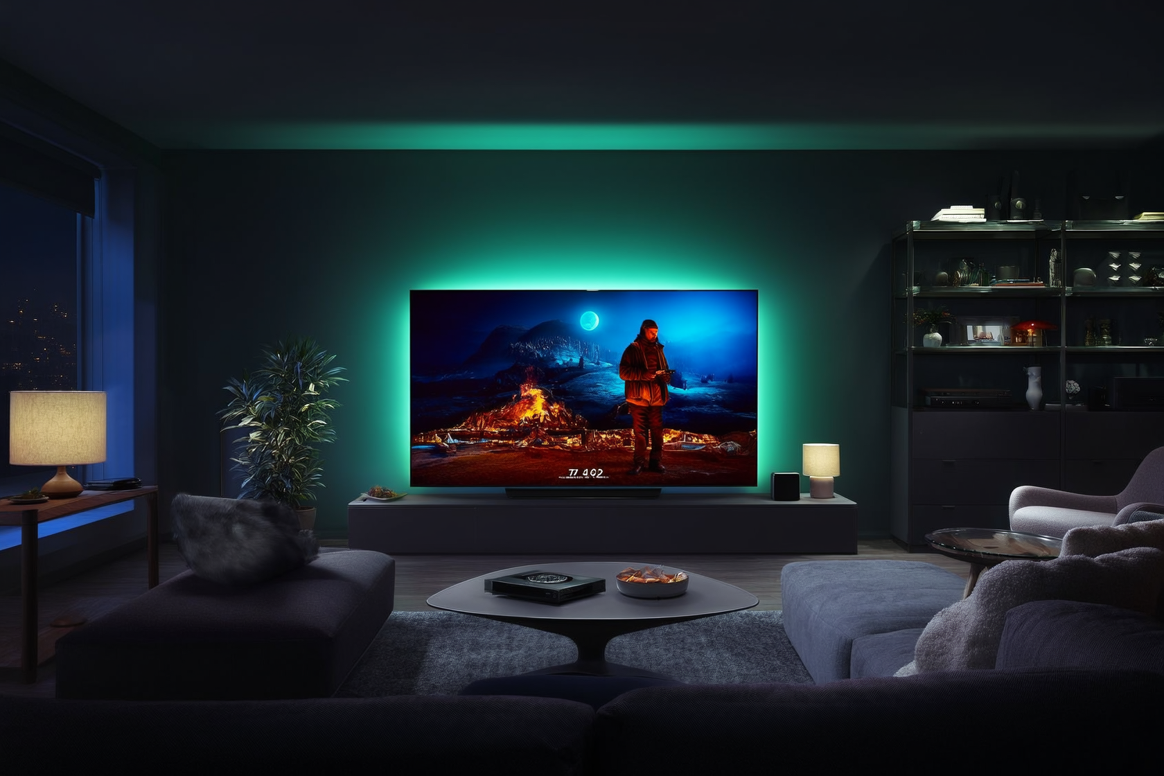 A dark living room lit by a movie on the television