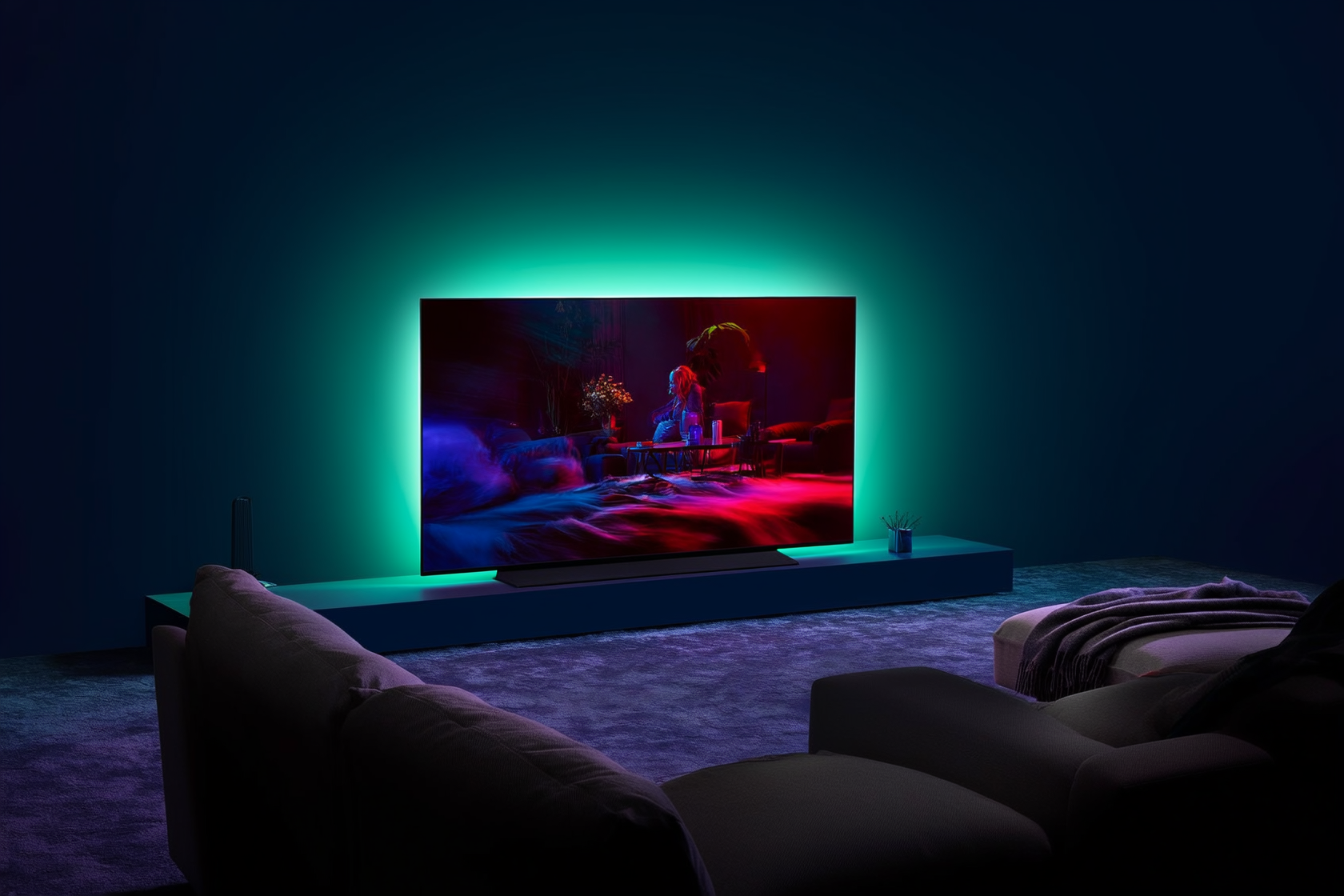 A cozy living room set up for movie night