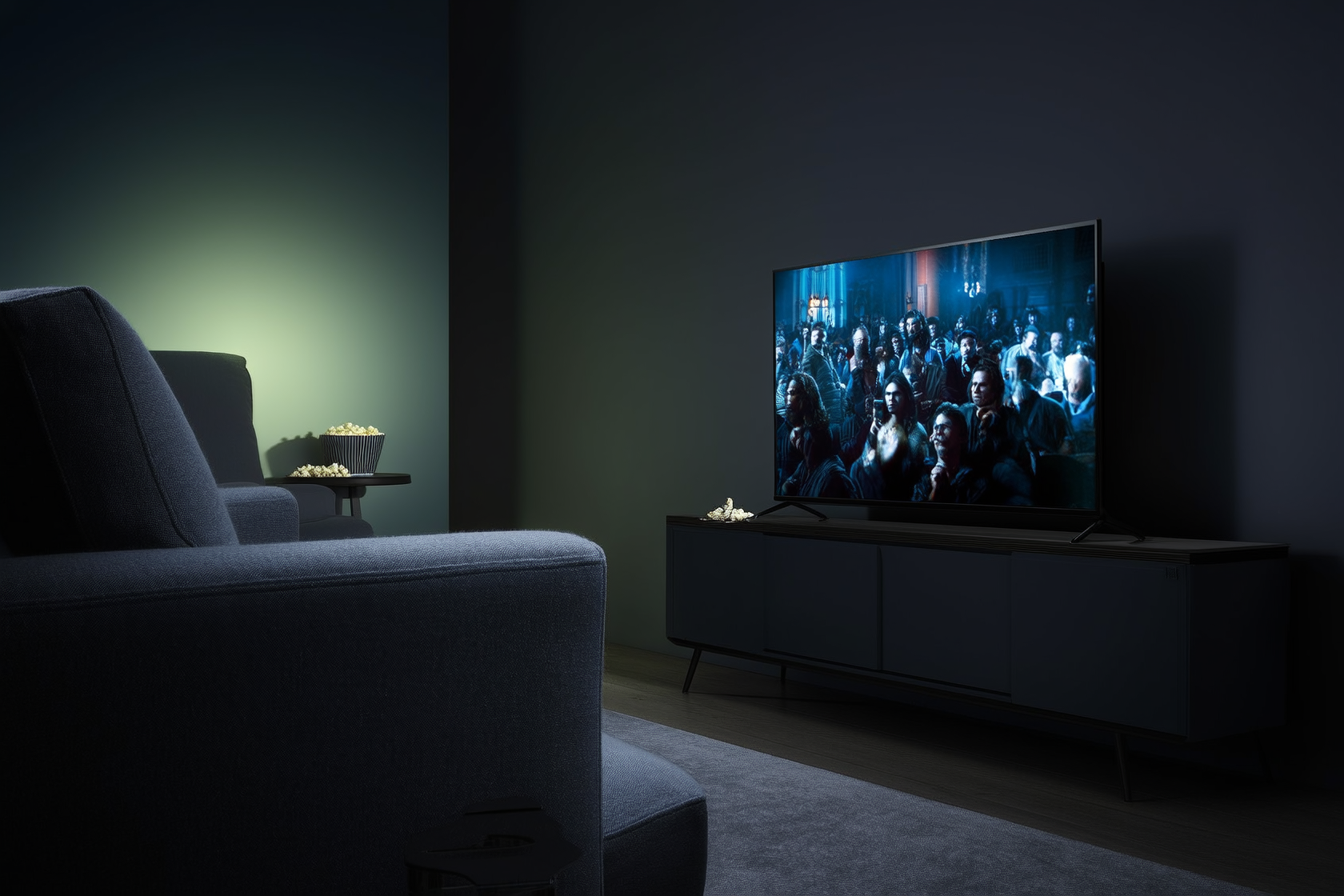 A dark living room lit by a movie
