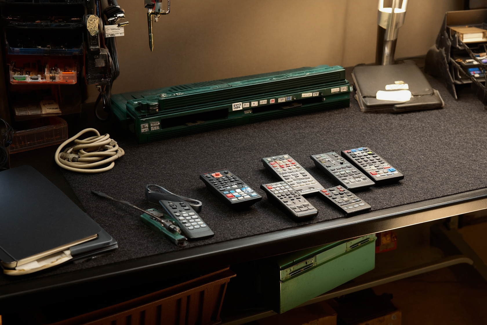 A streaming hardware workspace with tools and cables, no people